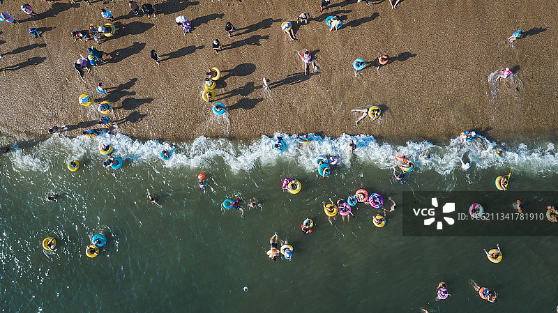 航拍夏季大连傅家庄海边沙滩上游泳的人群图片素材
