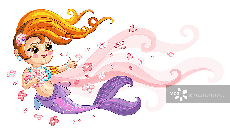 可爱的小美人鱼和鲜花卡通图片素材