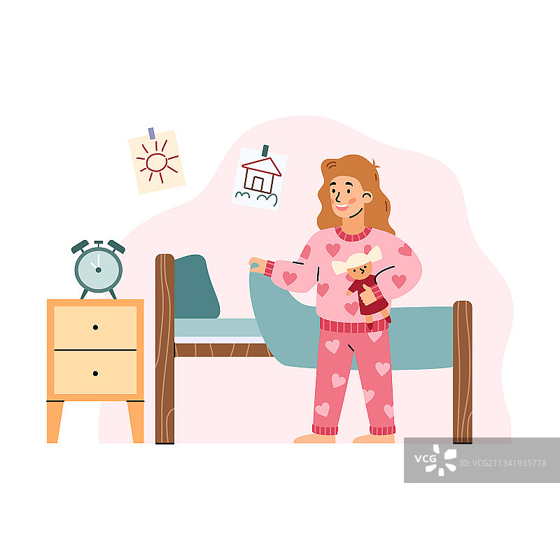 可爱的女孩穿粉色睡衣睡觉卡通图片素材