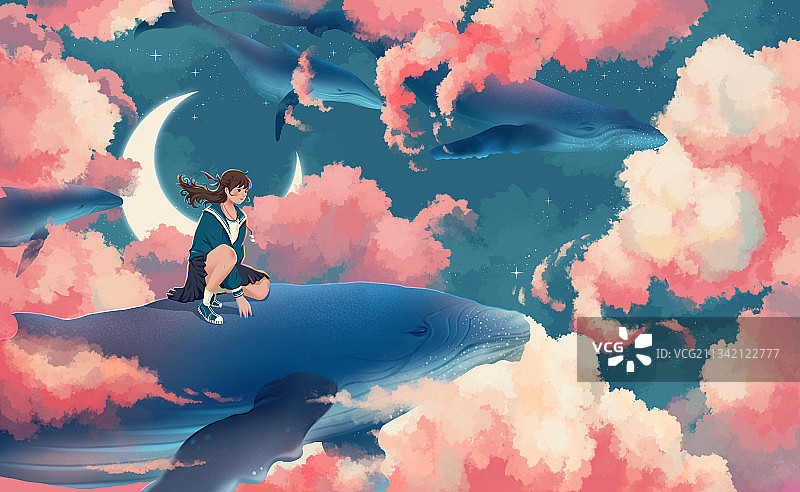 乘着鲸鱼飞翔的少女日系插画图片素材