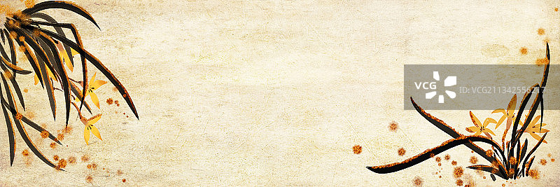中国风金色边水墨传统华丽装饰奢靡风牛皮纸背景插图兰花图片素材