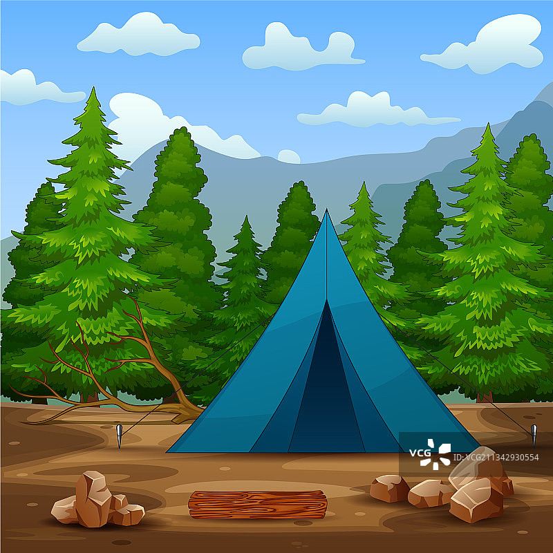 森林背景中的蓝色露营帐篷图片素材