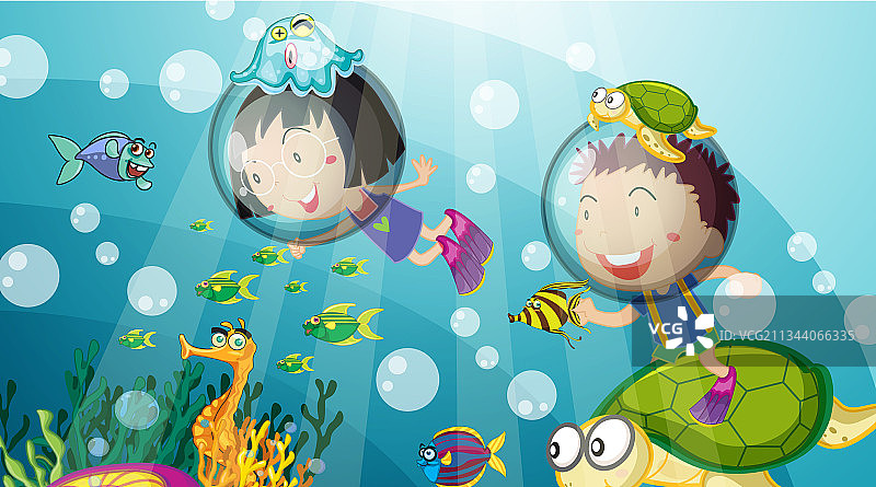 水下场景与快乐的孩子水肺潜水图片素材