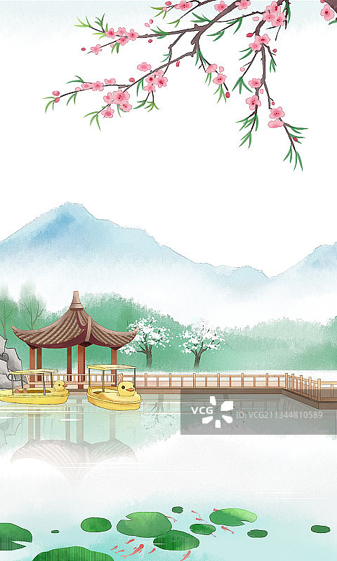 中国风园林亭台楼阁水彩画图片素材