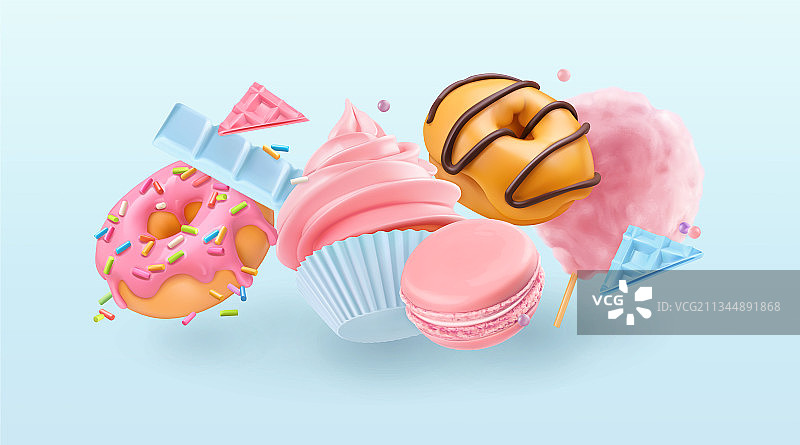 坠落的纸杯蛋糕和甜甜圈3d现实背景图片素材