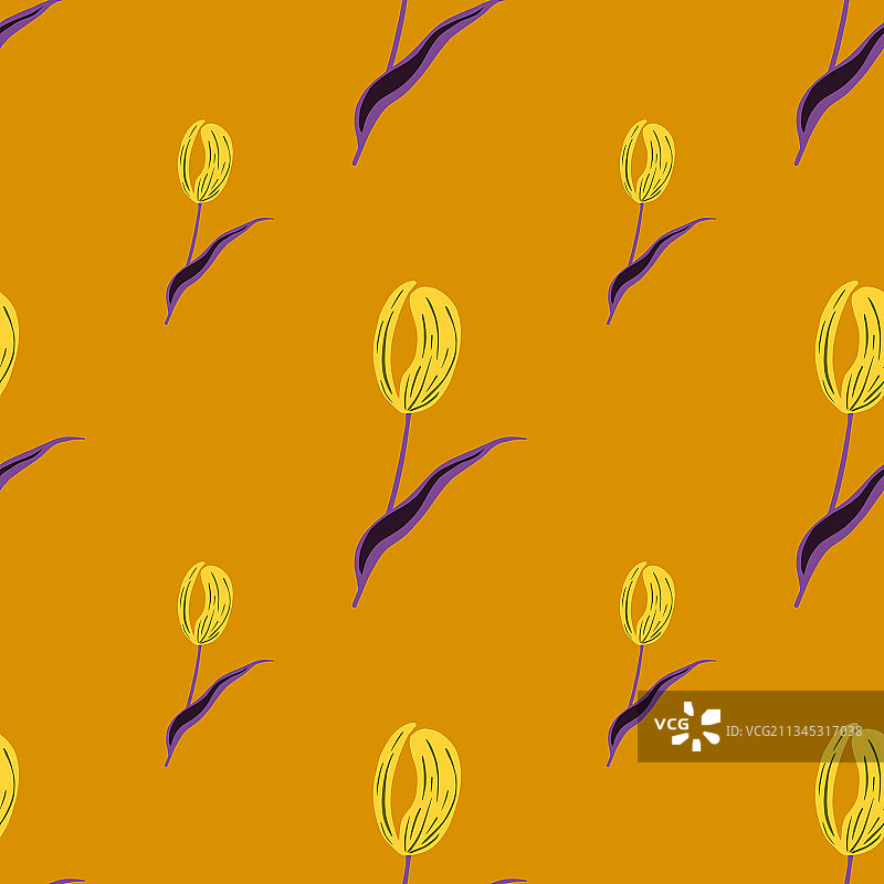 黄色郁金香和紫色叶子无缝花图片素材