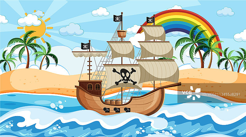 白天的海洋景色与海盗船在一起图片素材