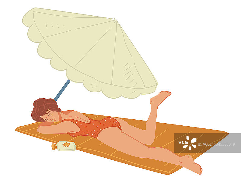 女人在毛毯伞上晒日光浴图片素材