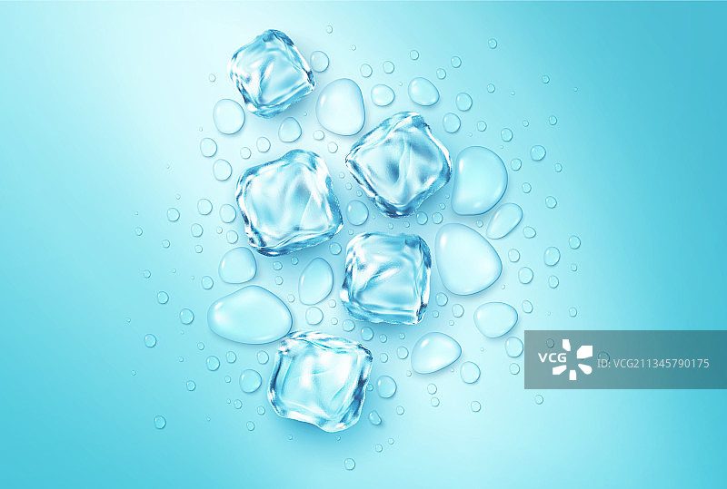 逼真的冰块和水滴在蓝色图片素材