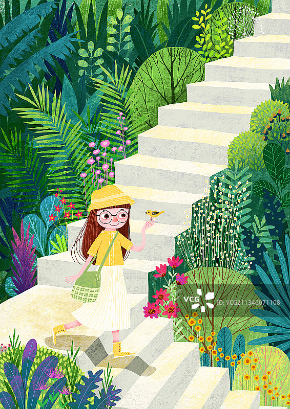 扁平儿童插画人物风格-在台阶上走路的背着挎包的小女孩图片素材