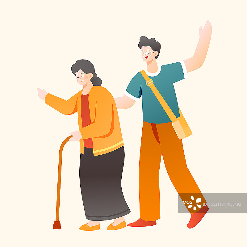 卡通亲子家人陪伴关爱老人家庭老年人重阳节居家养老生活矢量插画图片素材