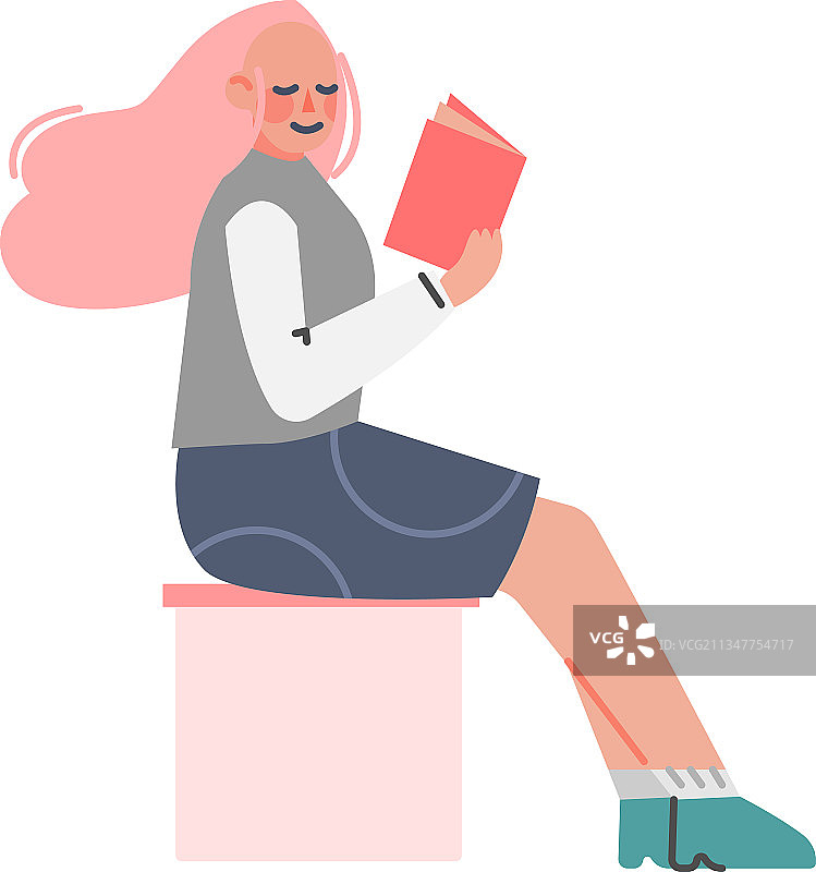 粉色头发的少女穿着休闲装坐着图片素材