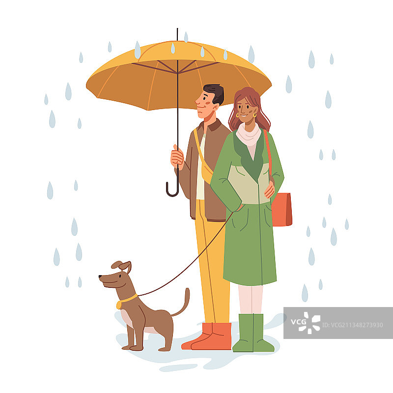 男人和女人在秋雨中遛狗图片素材