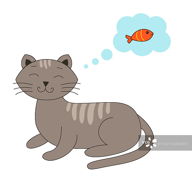 带条纹的可爱猫咪梦想着美味的小鱼图片素材