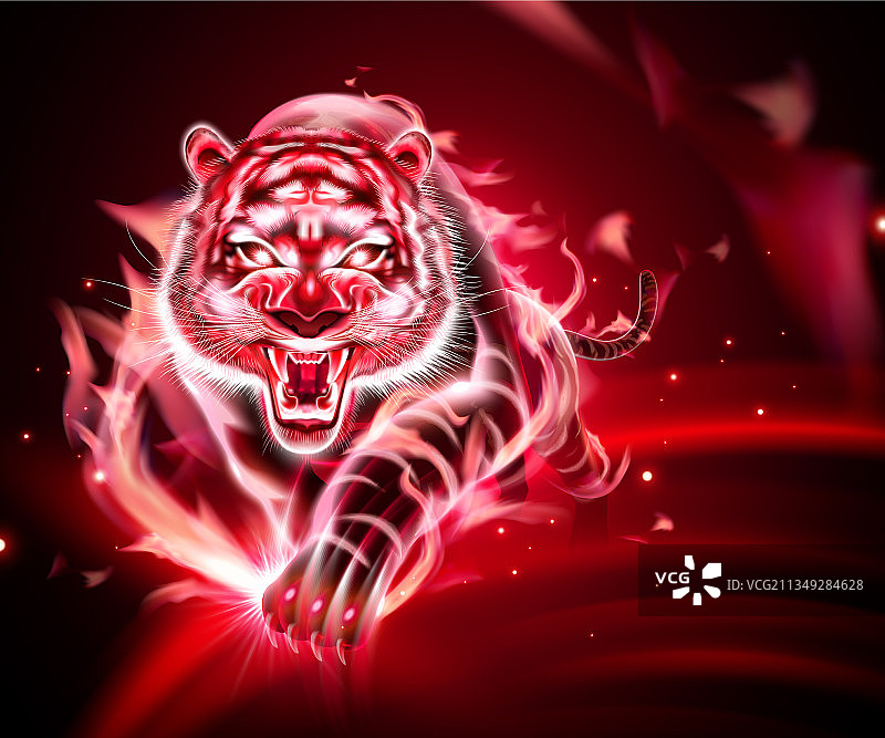 老虎燃烧着红色的火焰图片素材