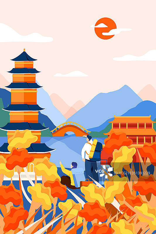 卡通秋冬季节自然风景旅游出行旅行户外活动古建筑中国风矢量插画图片素材