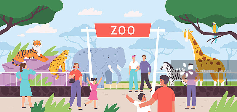 扁平的动物园大门，有游客的家人和图片素材