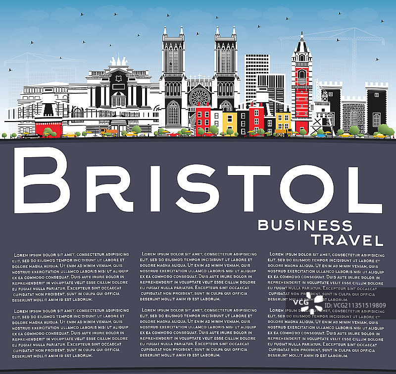 布里斯托尔英国城市天际线与彩色建筑物蓝色图片素材