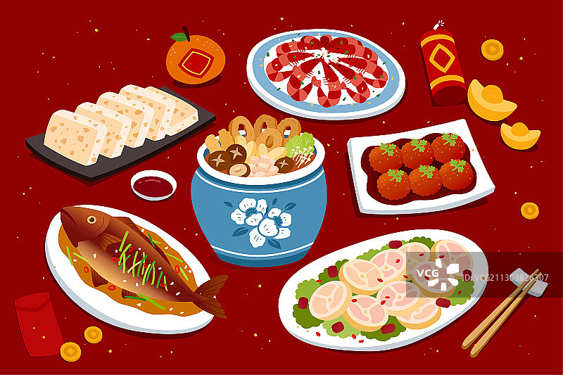 有各种肉类菜肴的新年团圆饭图片素材