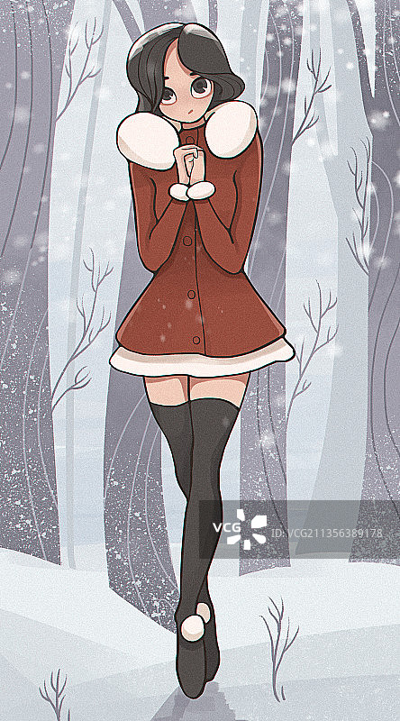 传统节气小雪大雪雪中森林里的姑娘图片素材