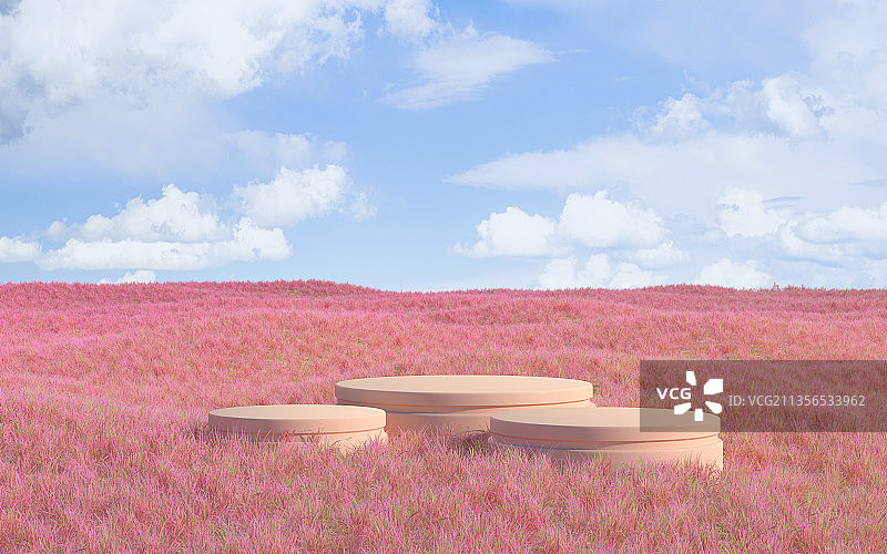 户外粉色草地场景 3D渲染图片素材