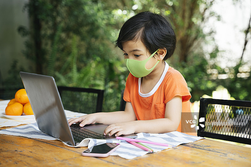 侧视-亚洲孩子戴着面具在院子里用笔记本电脑。在家学习。图片素材
