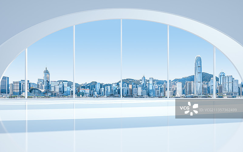 室内看香港城市建筑风光图片素材