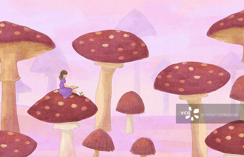 蘑菇上看书的女孩创意插画横版图片素材