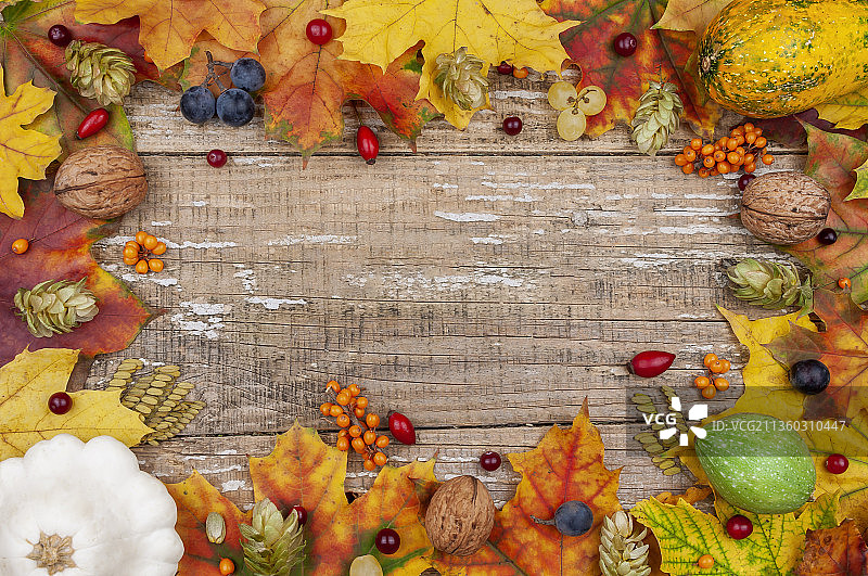 秋叶，南瓜，浆果，坚果和啤酒花，正上方的桌子上的秋叶图片素材