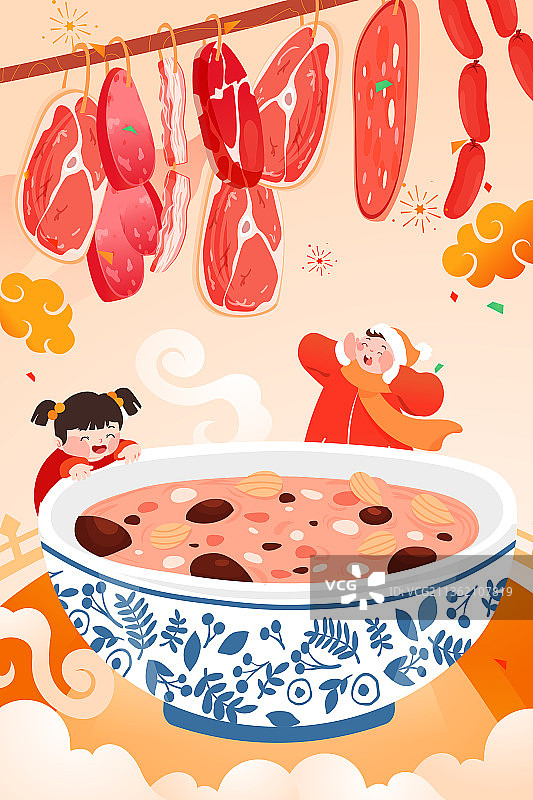 卡通腊八节元宵节汤圆饺子吃饭餐饮美食腊肉中国风国潮矢量插画图片素材
