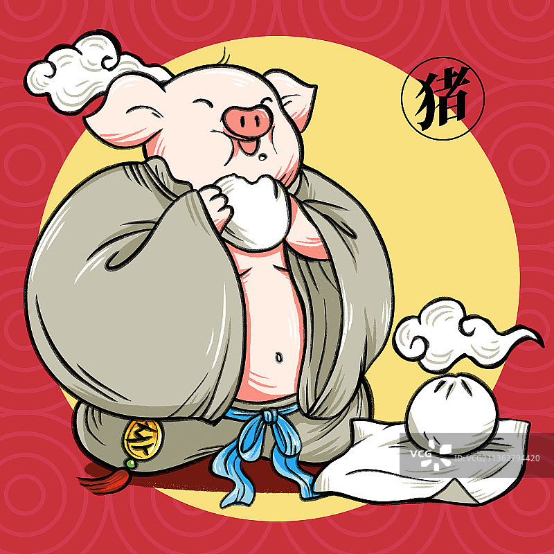 原创国潮插画十二生肖猪年图片素材