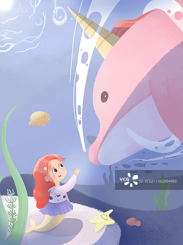在海底的女孩和粉色的鱼图片素材