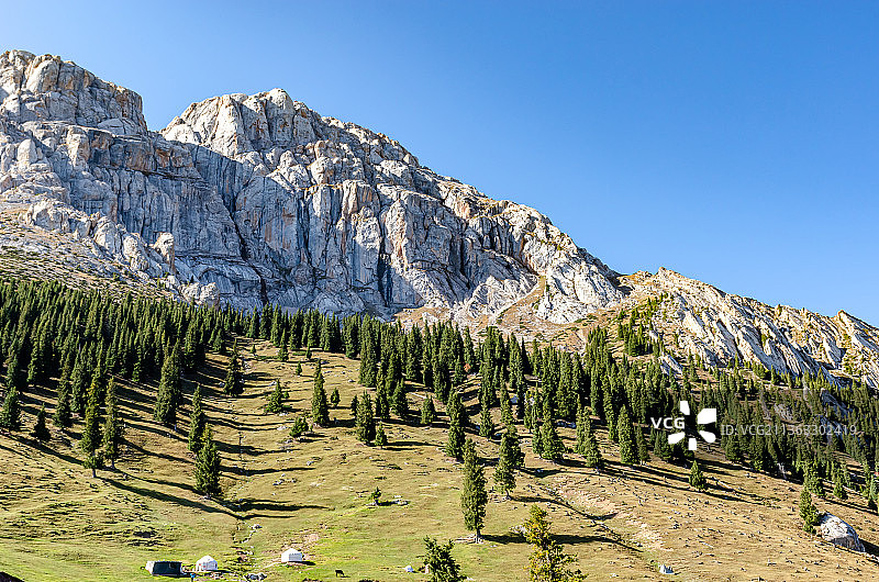 中国新疆伊犁草原的岩石山和森林图片素材