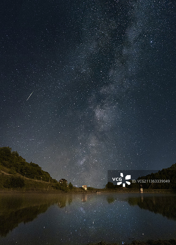 流星-塔乌尔Mare，罗马尼亚，夜晚星光映衬下的湖景图片素材