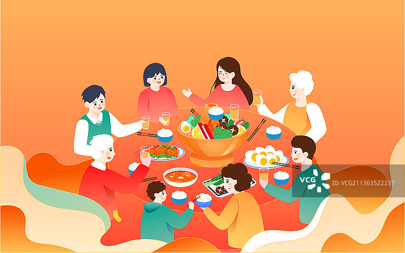 除夕年夜饭一家人团圆插画庆祝春节活动海报图片素材