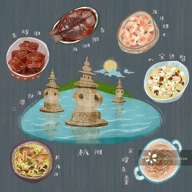 杭州地标建筑和特色美食插画图片素材