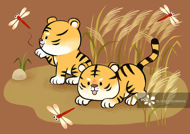 两个可爱的老虎角色12个月概念，在芦苇里玩耍图片素材