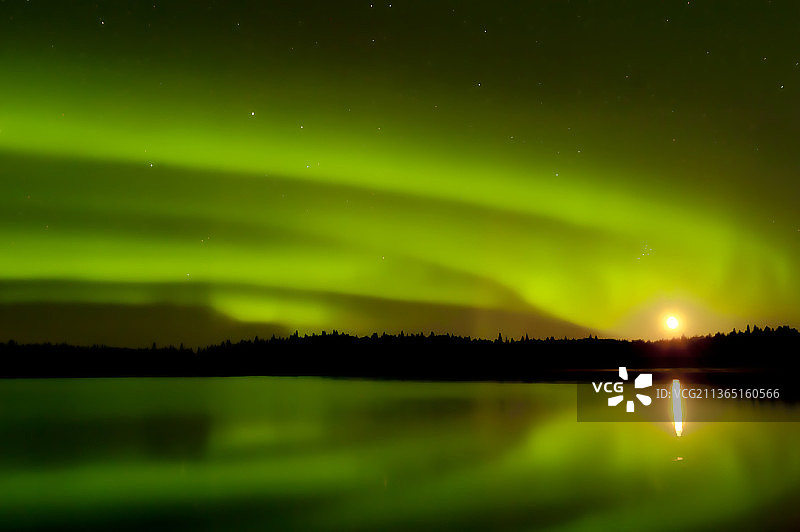北极光，夜晚天空映衬下的湖景图片素材