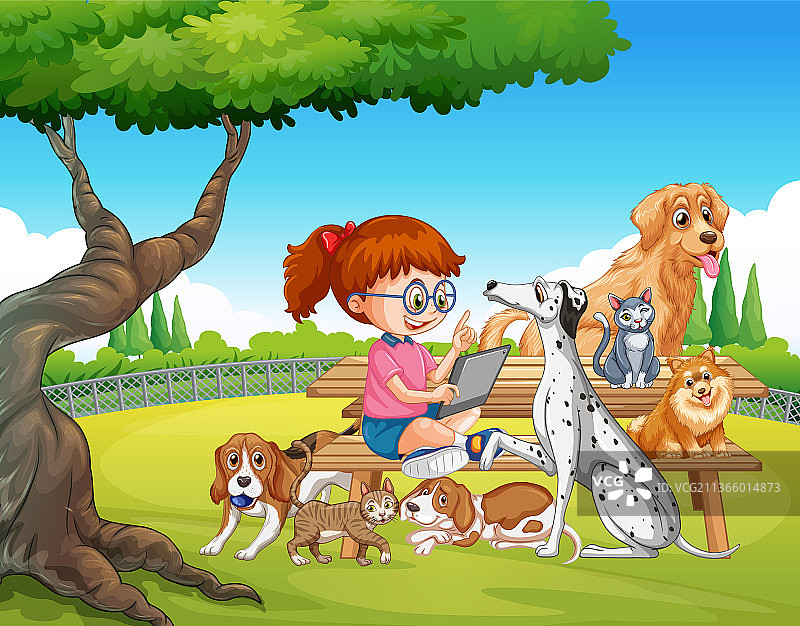 公园场景，一个女孩和她的动物玩耍图片素材