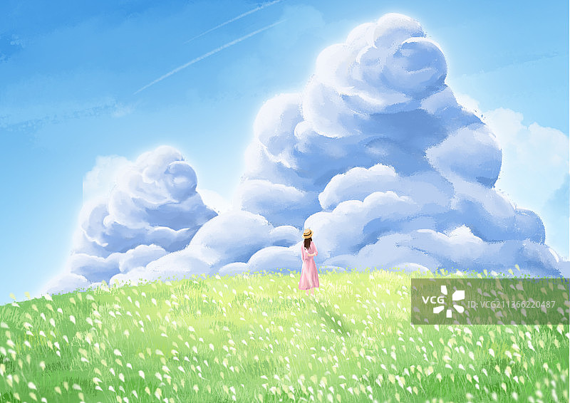 夏天蓝天大云团背景走在草地上的女孩图片素材