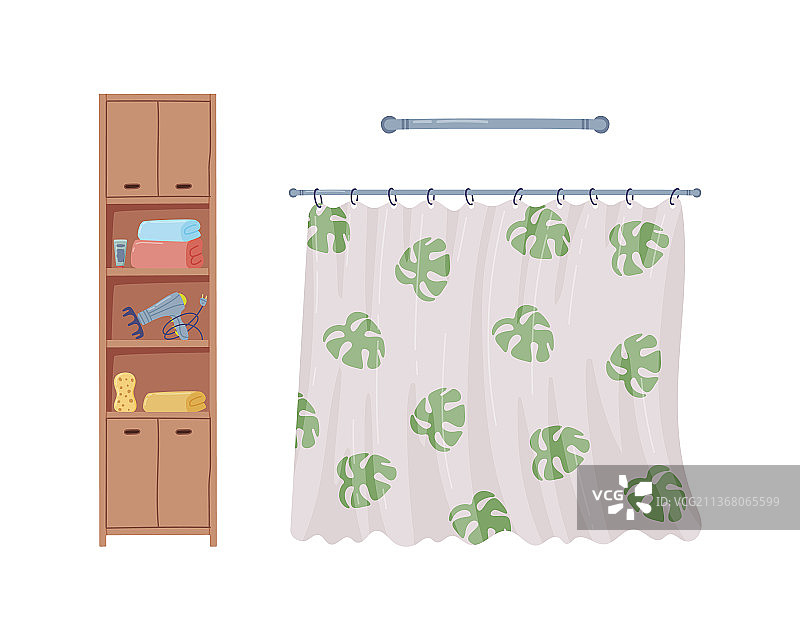 淋浴杆和木橱柜上的浴帘图片素材