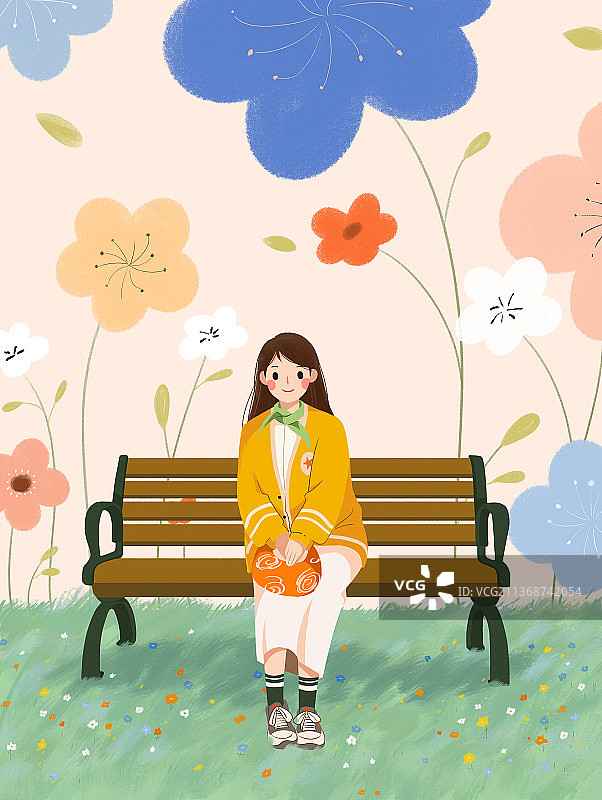 小清新插画坐在长椅上的可爱女孩图片素材