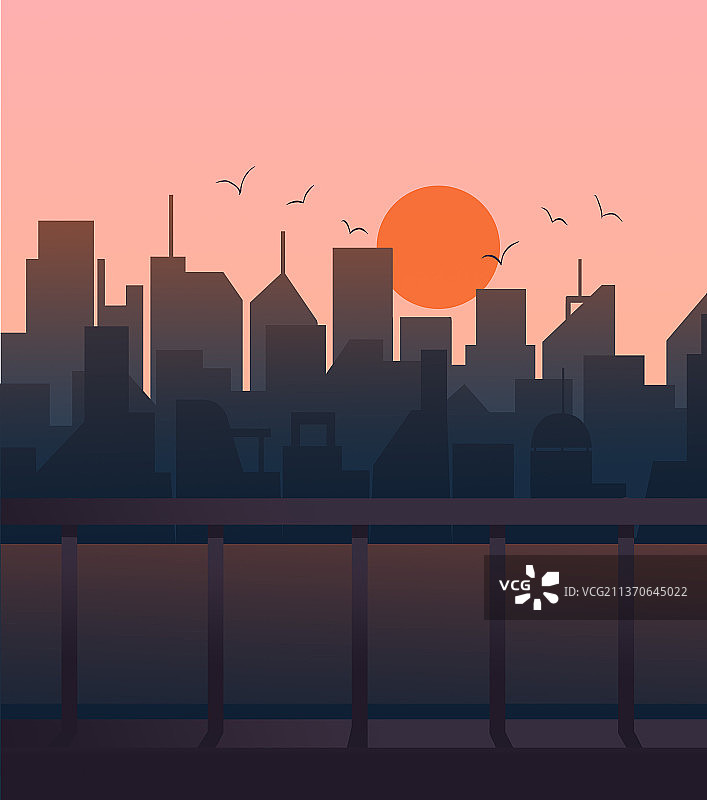 城市建筑风景日出日落插画海报图片素材