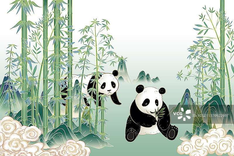 熊猫竹林山水国风插画海报图片素材