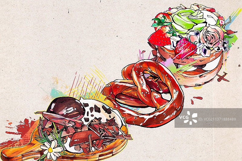 下午茶水果巧克力 蛋糕 涂鸦风手绘美食插画图片素材