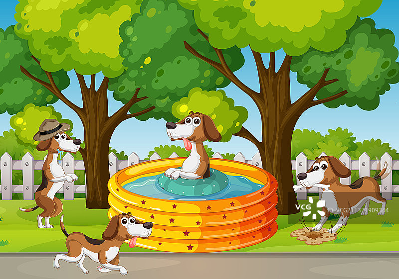 四只狗在公园里玩耍图片素材