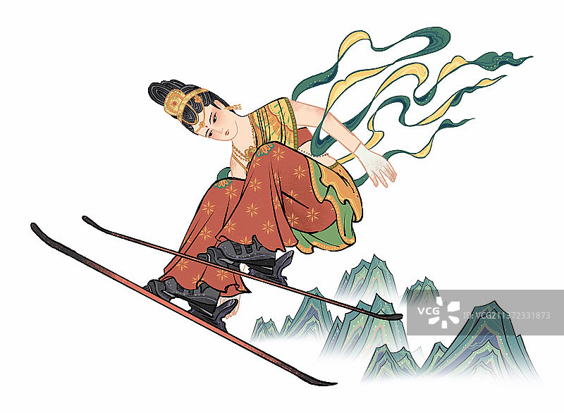 古风水墨敦煌壁画仙女冬奥主题自由滑雪大跳台图片素材