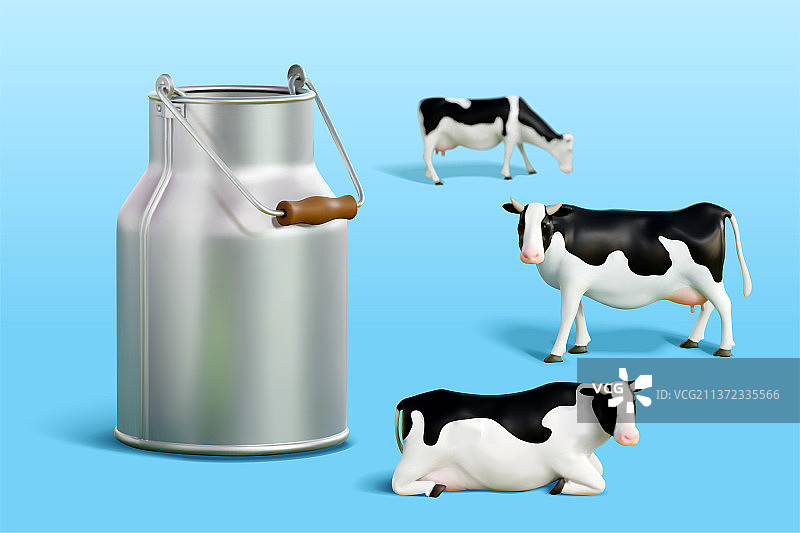 三維写实牛奶桶与乳牛模型图片素材