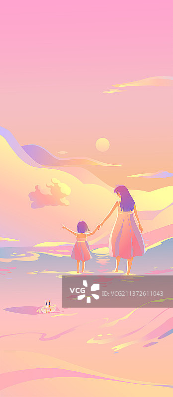 母女俩在粉色日落的海边看天边的彩云竖版图片素材