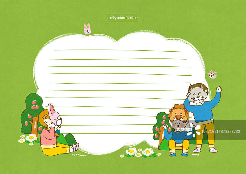 孩子们在绿色信纸背景上玩面具的插图图片素材